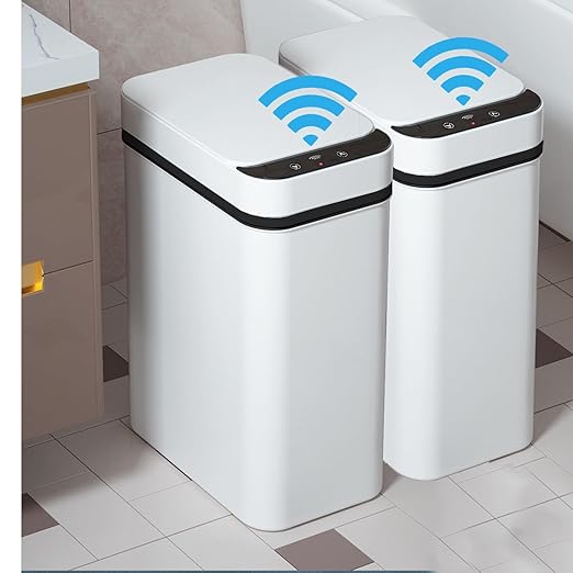 Yatmung 2 Pack - 2.5 Gallon Smart Trash Can Sensor Motion Slim Touchless Bathroom Trash Can - Skinny Trash Bin with Lid - Electric, Narrow, Plastic, Auto Open - Small Automatic Garbage Can (White)