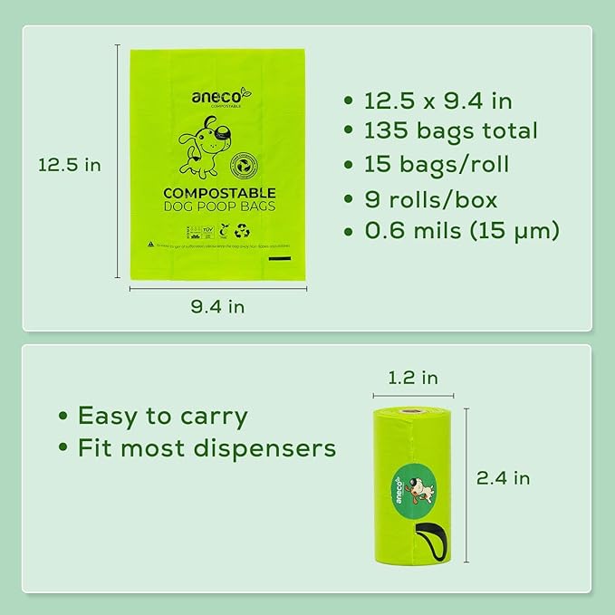 ANECO 100% Certified Home Compostable Dog Poop Bags (135 Count/9 Rolls), Large Poop Bags for Dogs & Cats, Extra Strong & Leak-proof Pet Waste Bags, California