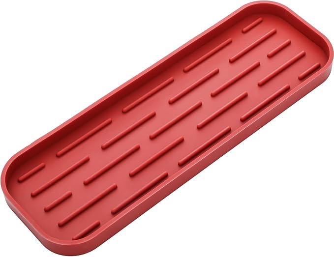 Silicone Kitchen Sink Organizer Tray for Multiple Usage,Eco-Friendly Sponges Holder for Kitchen Bathroom Counter or Sink,Dish Soap Dispenser,Scrubber,Bottle,Cup (Red, 12"×4")
