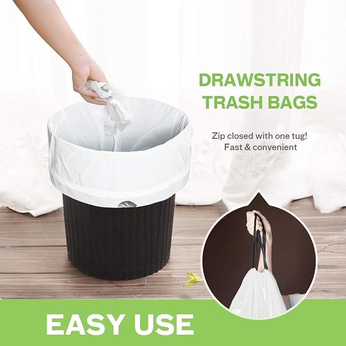 Teivio 2 Gallon 140pcs Strong Drawstring Trash Bags Garbage Bags, Bathroom Trash Can Bin Liners, Small Plastic Bags for Office Kitchen Home, White