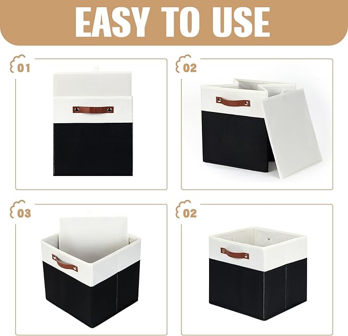 DULLEMELO Fabric Storage Bins for Shelves, Cube Storage Organizer Bins with PU Handles, Set of 4 Decorative Collapsible Storage Bins for Cube Storage,White&Black