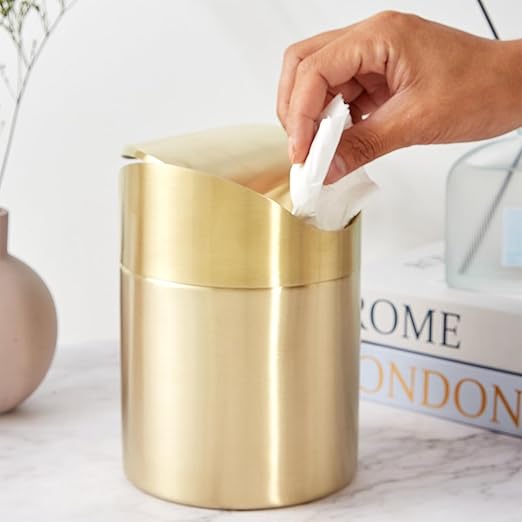 Stainless Steel Trash Can with Swing Lid, Mini Countertop Trash Bin Bathroom, Golden Desktop Garbage Cans Tiny Kitchen Waste Bins with Trash Bag