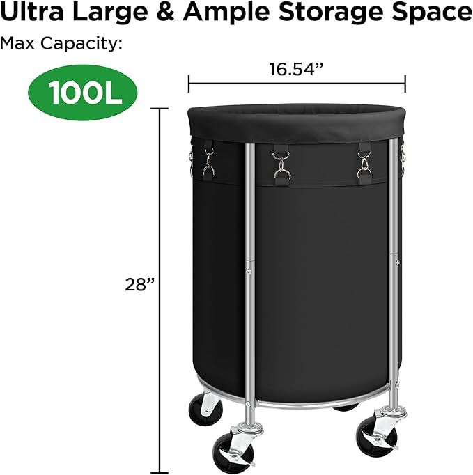 Laundry Hamper with Wheels, 100L Round Rolling Laundry Basket Sorter with Removable Bag, Clothes Cart Organizer with Steel Frame for Bedroom, Bathroom, Laundry Room, Black