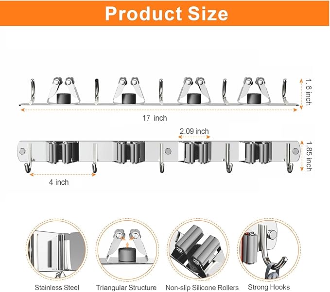 2 Pack Mop and Broom Holder Wall Mount, Non-slip Broom Hanger Wall Mount, Heavy Duty Mop Broom Organizer for Kitchen Garden Garage Laundry Room Wall Decor Organization and Storage Silver 4R5H