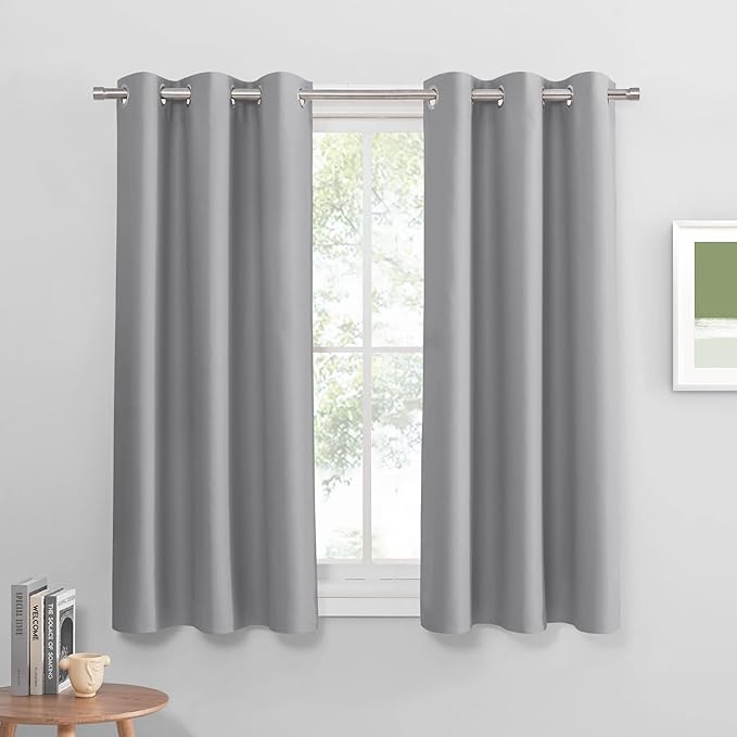 PONY DANCE Sliver Grey Short Blackout Curtains for Kitchen 45 Inch Length, Thermal Insulated Grommet Curtains for Bedroom, Black Out Drapes for Bathroom Small Window (2 Panels Set, 34 inches Wide)