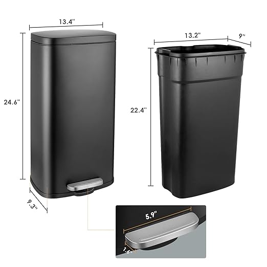 AthLike Trash Can, Stainless Steel Kitchen Garbage Can, Step Waste Bin with Hinged Lid and Removable Inner Bucket, Soft-Close, Dustbin for Bathroom Bedroom Living Room Home (Black, 8 Gal)