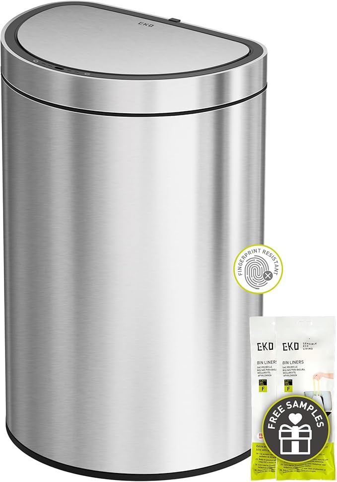 EKO Mirage Semi-Round Motion Sensor Trash Can, 47 Liter / 12.4 Gallon Automatic Large Kitchen Trash Can with Deodorizer Compartment, Removable Lid and Bucket, Matte Stainless Steel