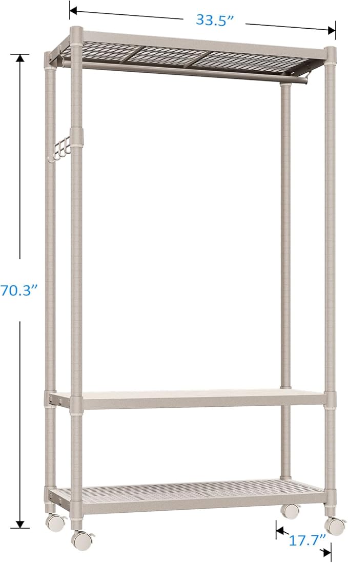IZEUK Heavy Duty Rolling Garment Rack Wire Clothes Rack for Hanging Clothes, Metal Freestanding Closet Wardrobe Rack 3-Tier Clothing Rack with Wooden Boards Gold 17.7" D x 33.5" W x 70.3" H