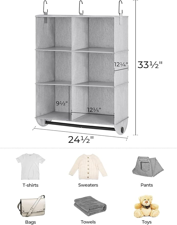 StorageWorks Hanging Closet Organizer with Metal Rod, 6-Section Closet Organizers and Storage, Collapsible Hanging Shelves for Closet, Bedroom, Kids Dorm Room, RV Camper, Grey and White