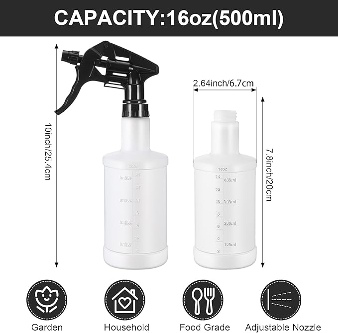 Eccliy 12 Pcs 16 Oz Plastic Spray Bottle, Adjustable Empty Reusable Sprayer for Cleaning, Planting, Water, Bathroom and Kitchen, BBQ, Commercial and Residential (Black Clear,Measurement)