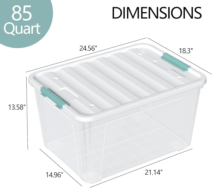 Zopnny 2-Pack Large Latching Box, 85 Quart Plastic Storage Bin with Lid, Stackable Totes w/Wheels, Clear
