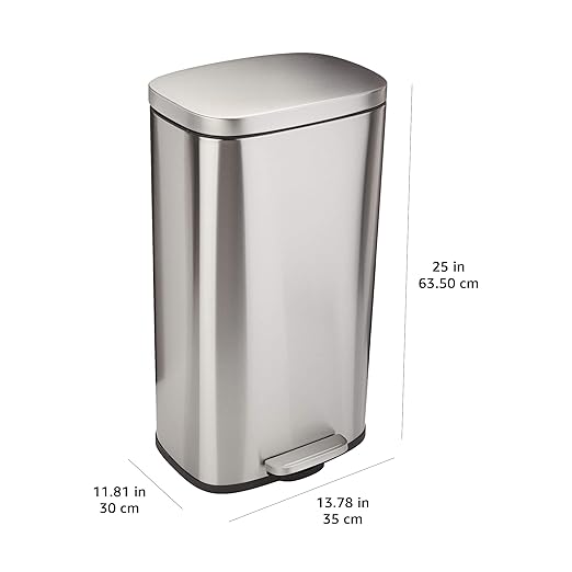 Amazon Basics Smudge Resistant Rectangular Trash Can With Soft-Close Foot Pedal, Brushed Stainless Steel, 30 litre/7.9 Gallon, Satin Nickel Finish, 13.8"L x 11.8"W x 25"H