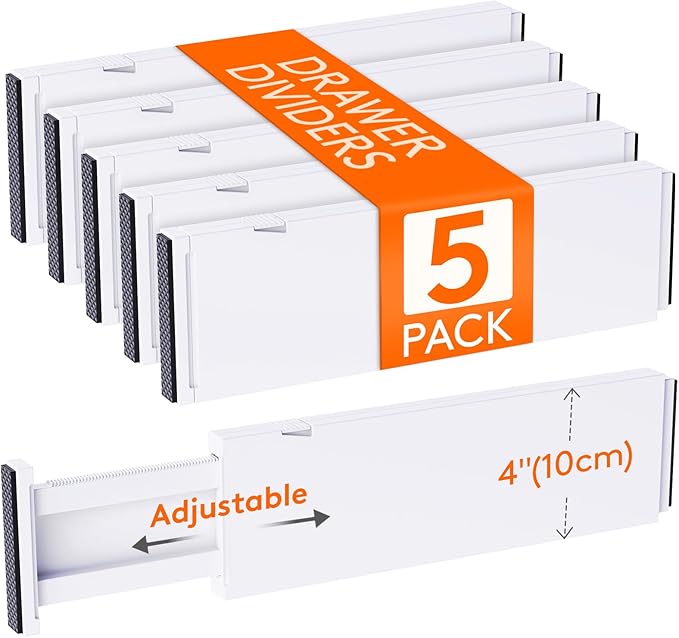 Lifewit 5 Pack Drawer Dividers Plastic 4" High, 13.5-22" Adjustable Drawer Organizers for Clothes, Expandable Dresser Separators in Bedroom/Bathroom/Kitchen/Fridge/Office Organization and Storage