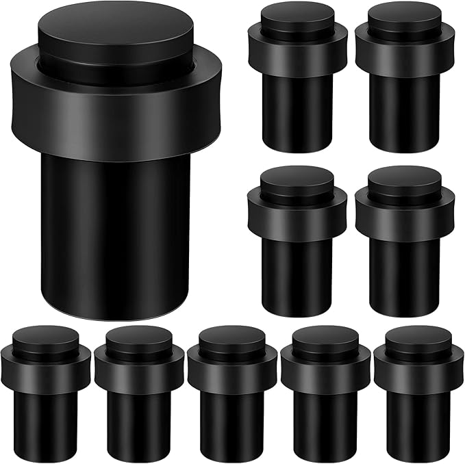 Chumia 10 Pcs Door Stopper Mounted Floor Stops Stainless Steel Cylindrical Stopper Modern Decorative Rubber Bumper Stops Holder Wall Protector for Bottom or Top of Door (Black)