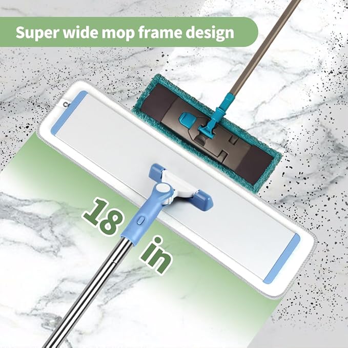 CQT Commercial Flat Microfiber Floor Mop Cleaning System 18" Inch Wet Dry and Dust Hardwood with 4 Washable Pads Cleaner for Laminate Tile Stainless Steel Handle and Extension (PT13-Blue)