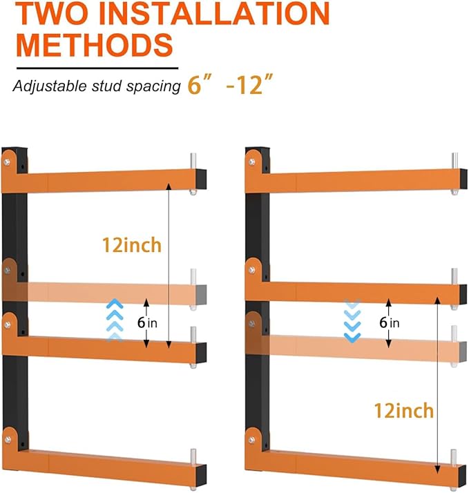 Lumber Storage Rack Wall-Mounted Lumber Racks Heavy Duty Wood Storage Rack with 6-Level Holds Up 720 LBS Sturdy Folding Garage Wood Organizer Orange Shelving Metal Shelf for Indoor & Outdoor- 4 Pack