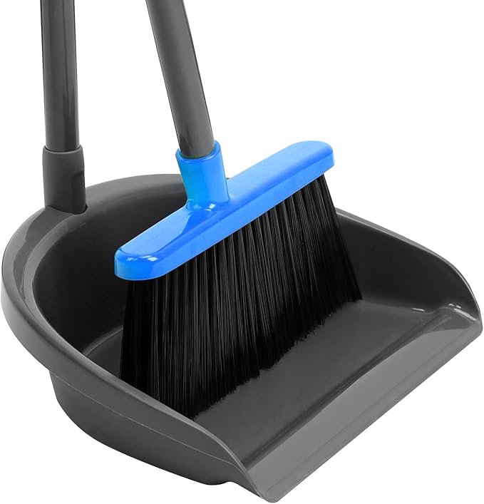 Broom and Dustpan Set ，Long Handle Broom with Upright Standing Dust pan for Indoor Outdoor Home Kitchen Office Floor Cleaning