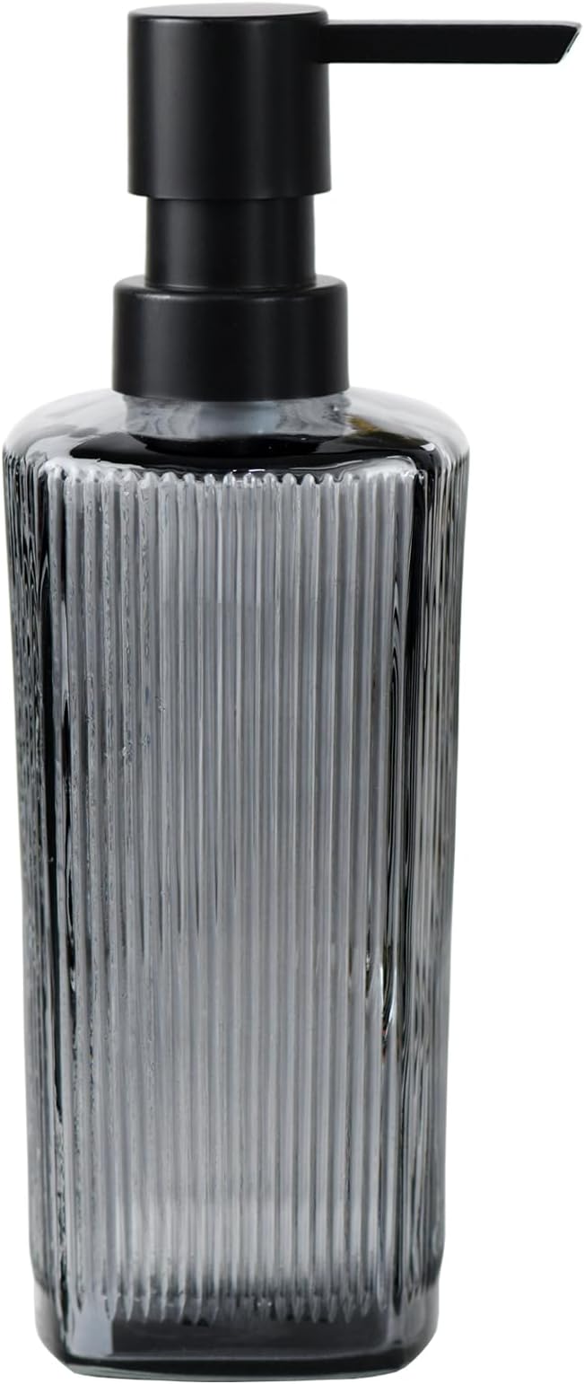 12 oz Glass Soap Dispenser with Vertical Stripe with Black Plastic Rustproof Pump, Small Refillable Soap Dispenser for Kitchen and Bathroom (Grey)