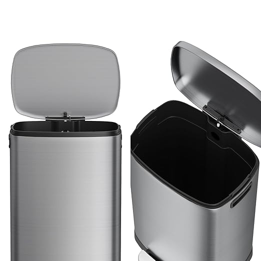 13 Gallon Trash Can with Lid, 50L Fingerprint Proof Stainless Steel Kitchen Trash Can with Removable Inner Bucket and Lid Soft Close, Pedal Rubbish Bin for Home Office（Silver）