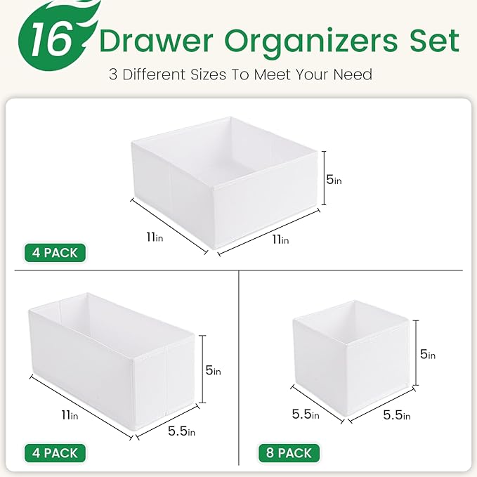 Criusia 16 Pack Underwear Drawer Organizer, Drawer Organizer Clothes, Foldable Cloth Storage Box Closet Dresser Drawer Divider Organizer for Clothes, Scarves (White)