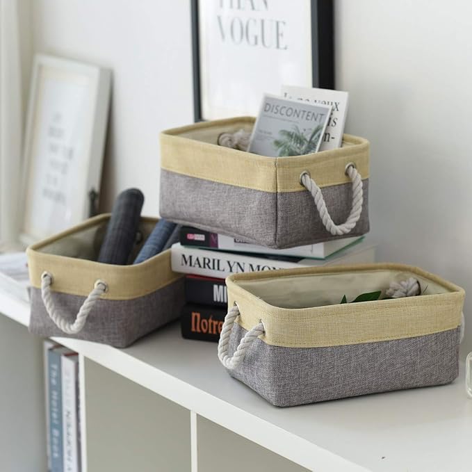 Fabric Storage Baskets for Organizing(6 Pack) Small Baskets for Shelves,storage, Laundry, Nursery, Closets, Decorative Baskets for Gifts Empty (Grey & gold, 11.8” x 7.8” x 5.1”)