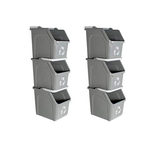 Multi Recycling Bin System with Three Stacking 6 Gallon Bins with Carrying Handles, Stackable and Compact for Offices, Homes, Garages, Businesses - (Grey, 6 Pack)
