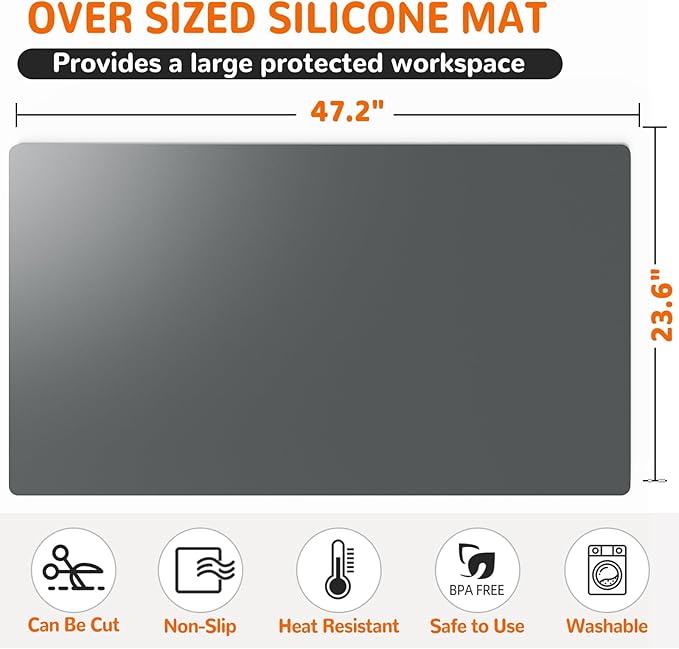 Warome Silicone Mat, 47"x 23" Silicone Mats for Kitchen Counter, Nonslip Heat Resistant Mat, Extra Large Kitchen Counter Mat, Countertop Protector for Craft, No Creases-Gray