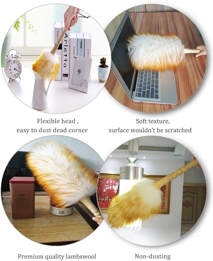 J&A Lambswool Dusters with Solid Wooden Handle, Flexible Head, Anti-Static, Comfortable Grips 17.8 inchs Long Feather Duster for Office, Home and Car etc.
