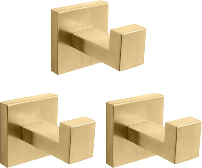 NearMoon Bath Towel Hooks -SUS304 Stainless Steel Square Clothes Robe Hooks Hanger, Heavy Duty Coat Hooks for Bathroom Livingroom Hotel Kitchen Garage, Wall Mounted (3 Pack, Chrome Gold)