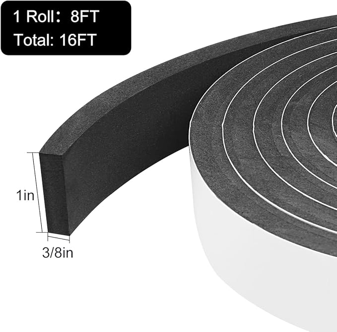 2 Rolls Weather Stripping Door Seal, 1''W x 3/8'' T Foam Tape Single Sided, Adhesive Closed Cell Weather Strip (Total 16 Feet Long)…