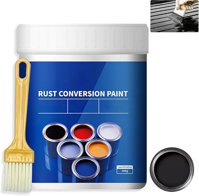 Weatherproof Rust Converter Paint for Metal, Rust Remover for Metal and Primer, Water-Based Industrial Anti-Rust Metallic Paint with Brush, Long-Lasting Rust Prevention & Protection, 10.7 Oz (Black)