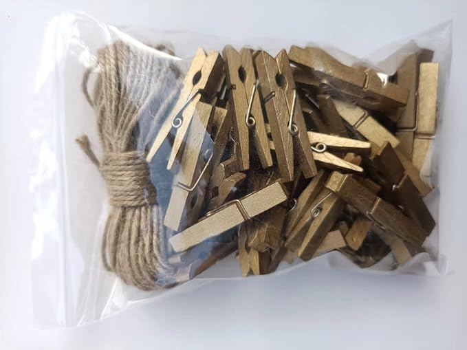 1.9 in Gold Clothespins Art Hanging Kit Kids Artwork Picture Party Xmas Decor Clothing Clamps with Jute Twine Pack 50