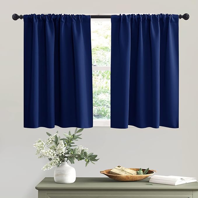 RYB HOME Kitchen Curtains 36 inch Long for Small Window Curtains Short Drapes for Bedroom, Half Window Tiers for Kids Room Bathroom Nursery, W 42 x L 36 in per Panel, Marine Blue, 2 Pcs