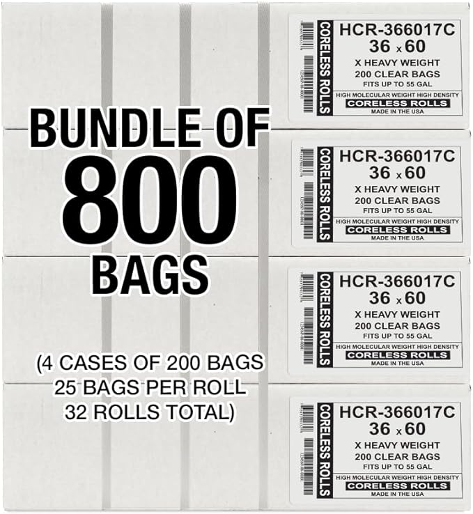 Aluf Plastics High Density Trash Bags, 55 Gallon, 800 Count, 17 Micron (eq), 36" x 60", Clear, for Bathroom, Office, Industrial, Commercial, Janitorial, Municipal, Recycling