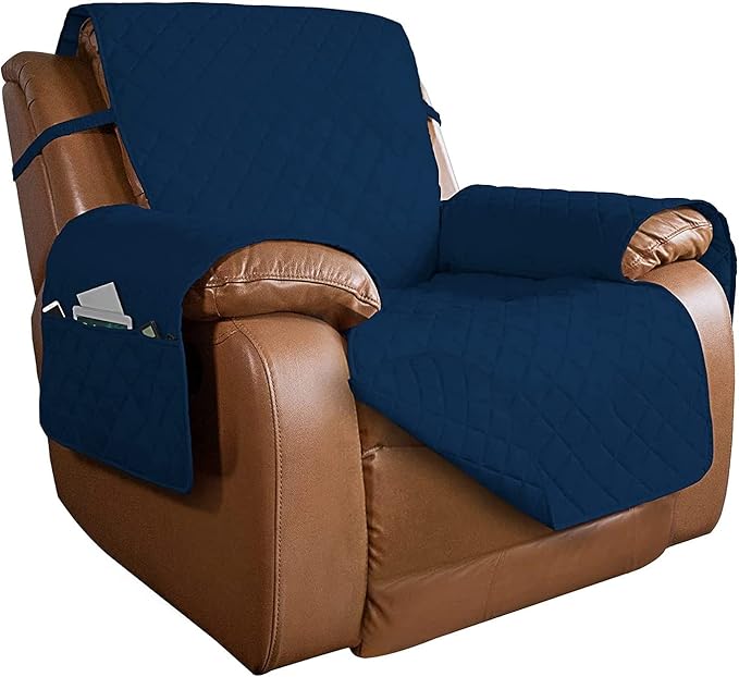 PureFit Reversible Quilted Oversized Recliner Sofa Cover, Water Resistant Furniture Protector, Washable Couch Cover with Elastic Straps for Kids, Pets (Large, Classic Navy/Navy)
