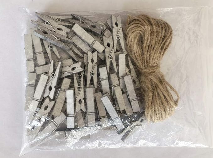 DurReus Wood Clips Strong Photos Pins Peg Home Party Decorative Accessories with Jute Twine Silver Pack 50