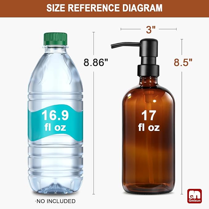 GMISUN Amber Glass Soap Dispenser, 2 Pack Bathroom Hand Soap Dispensers with Stainless Steel Pump, 17 Fl Oz Kitchen Hand and Dish Soap Dispenser Set, Modern Vintage Liquid Brown Soap Dispensers Bottle