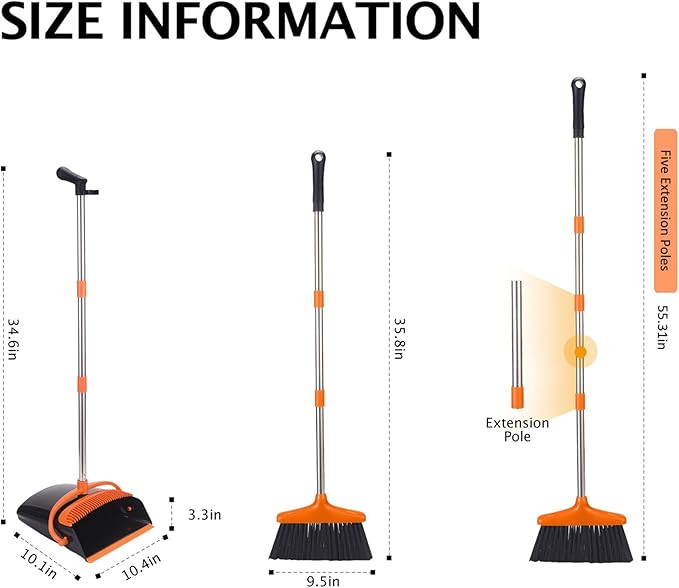 Broom and Dustpan Set with Long Handle, Light Weight Stainless Steel Poles Stand Upright Dustpans with Broom Combo for Home Kitchen Office Pet Dog Hair, Black & Orange Color, 1-Pack