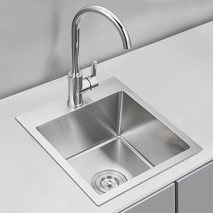15x17 inch Bar Sink Drop in, Handmade 304 Stainless Steel Sink, 8" Deep Single Bowl, R10 Tight Radius, Topmount Installation, for Small Kitchen/RV/Bar Sink, Brushed