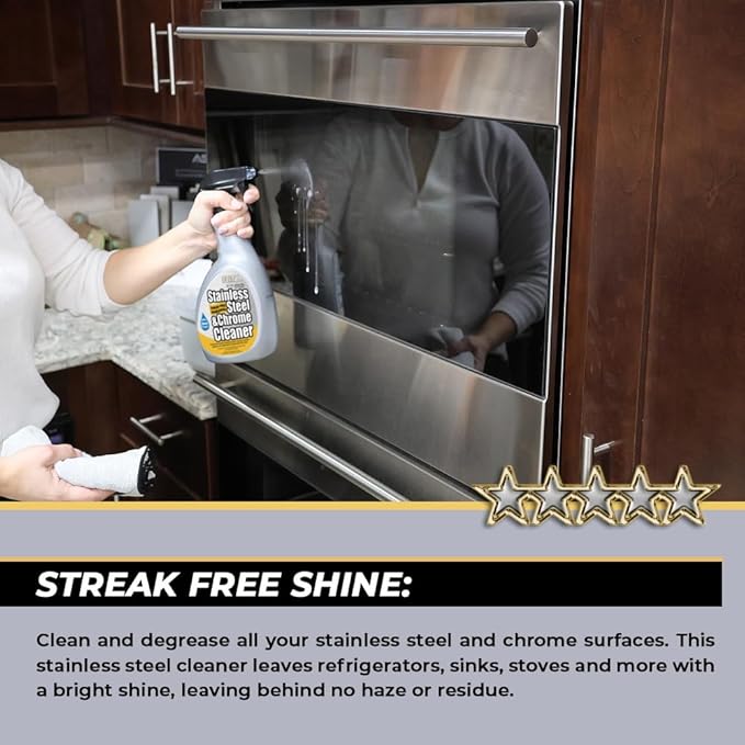 Flitz Stainless Steel & Chrome Clean - 32oz Bottle, USA-Made Stainless Steel Cleaner Spray for Appliances - Grill, Fridge, Sink Stain Remover - Also Works on Aluminum Surfaces (1 Pack)