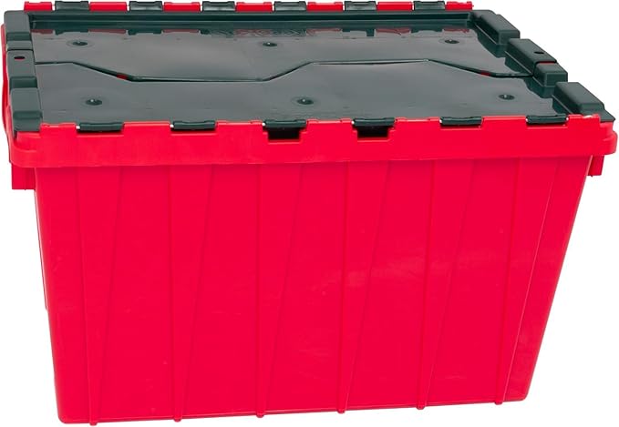 Akro-Mils KeepBox 12 Gallon Storage Container, Nesting and Stackable Plastic Storage Box with Lid Attached, Clear Tote for Garages, Closets, and Moving, 21-1/2" x 15" x 12-1/2", Red/Green