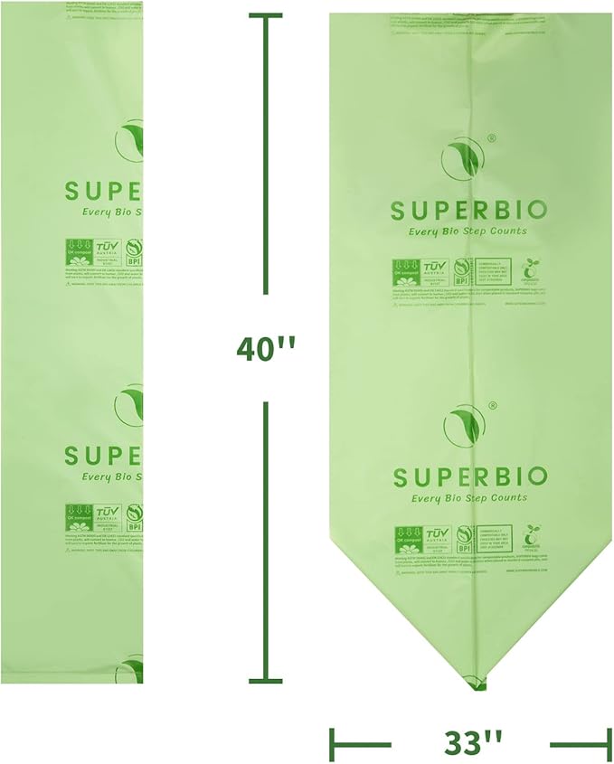 SUPERBIO 33 Gallon Compostable Yard Waste Bags, Lawn & Leaf Bags, 40 Count, ASTM D6400, BPI and OK compost INDUSTRIAL