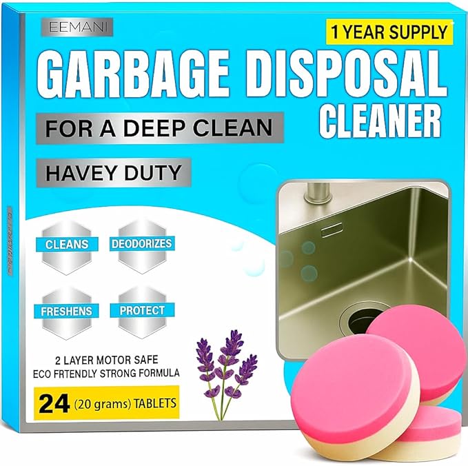 Garbage Disposal Cleaner Tablets 24 Pack – 20g Large Foaming Lavender Scent, Sink & Drain Freshener for Kitchen, Deep Cleaning – 1 Year Supply