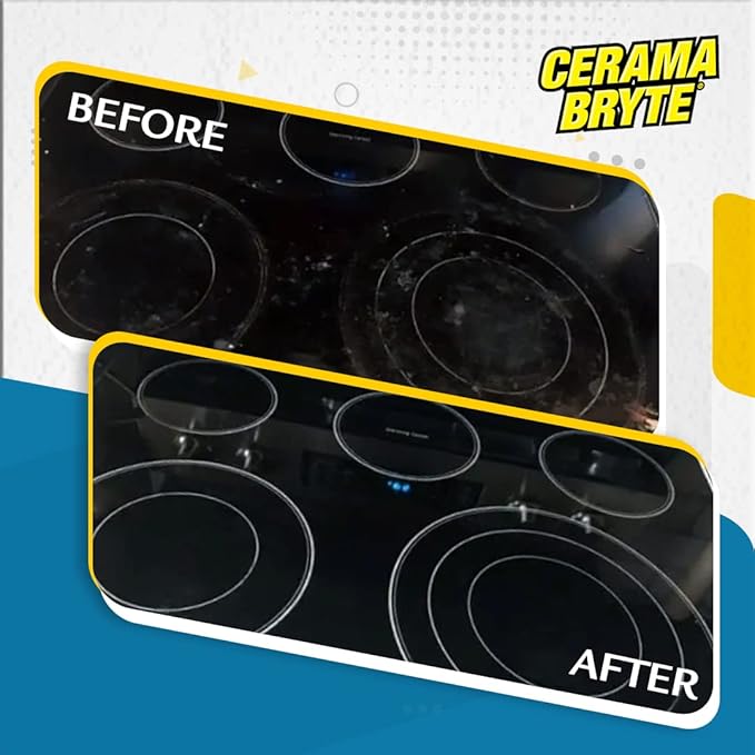 Cerama Bryte Glass Cooktop and Stove Top Cleaner Combo Kit - Includes Cleaning Tool, Razor, Scraper and 3 Pads to Remove Tough Stains - Use on Gas, Electric, Ceramic Surfaces, 10 Ounces, 6 Piece