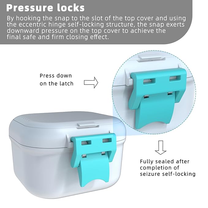 ARGOMAX Leak Proof Denture Bath Cup, Portable Soaking Denture Box, Denture Bath Case with Strainer, for Dentures and Braces, Upgraded Version with Storage Compartment (White + Cyan).