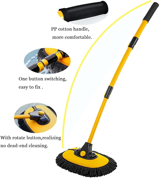 Car Wash Brush with Long Handle, Chenille Microfiber Mop Mitt with 1 Replacement Head, Wheel Brush Extension Pole Cleaning Kit & Towels for Cars & Trucks - 5PCS
