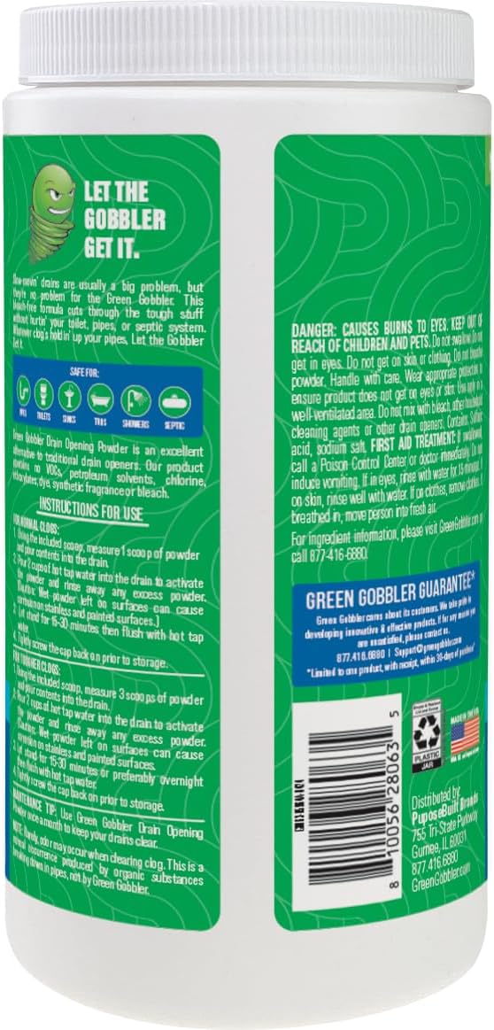 Green Gobbler Drain Clog Remover & Drain Cleaner Powder, 20+ Treatments, Maintenance Breaks Down Grease, Paper, Fat & Oil, Septic Safe
