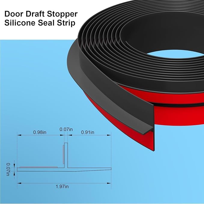T-Shaped Door Draft Stopper, 1.97 in x 20 Ft Silicone Seal Strip for Windows Gaps, Weather Stripping Seal Strip Shower Sweep, Black