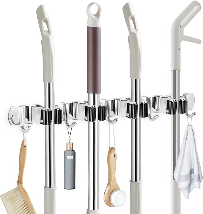 IMILLET Broom Holder Wall Mounted, Stainless Steel Broom Mop Holder Self Adhesive Heavy Duty Hooks Storage Organizer for Home Laundry Room Garden Garage Closet Kitchen 1 Pack（4 Racks with 5 Hooks）