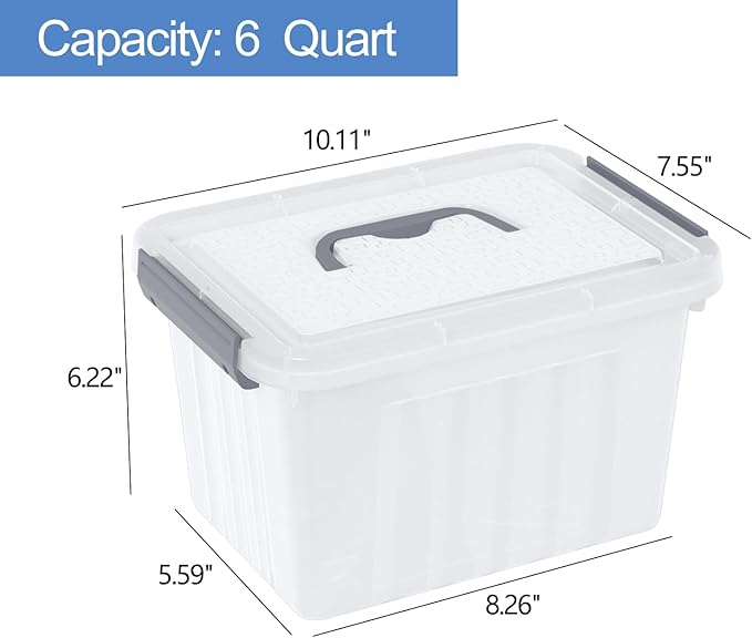 6 Quart Small Clear Plastic Storage Bins with Latching Lids, Storage Latch Box with Handle, 6 Packs